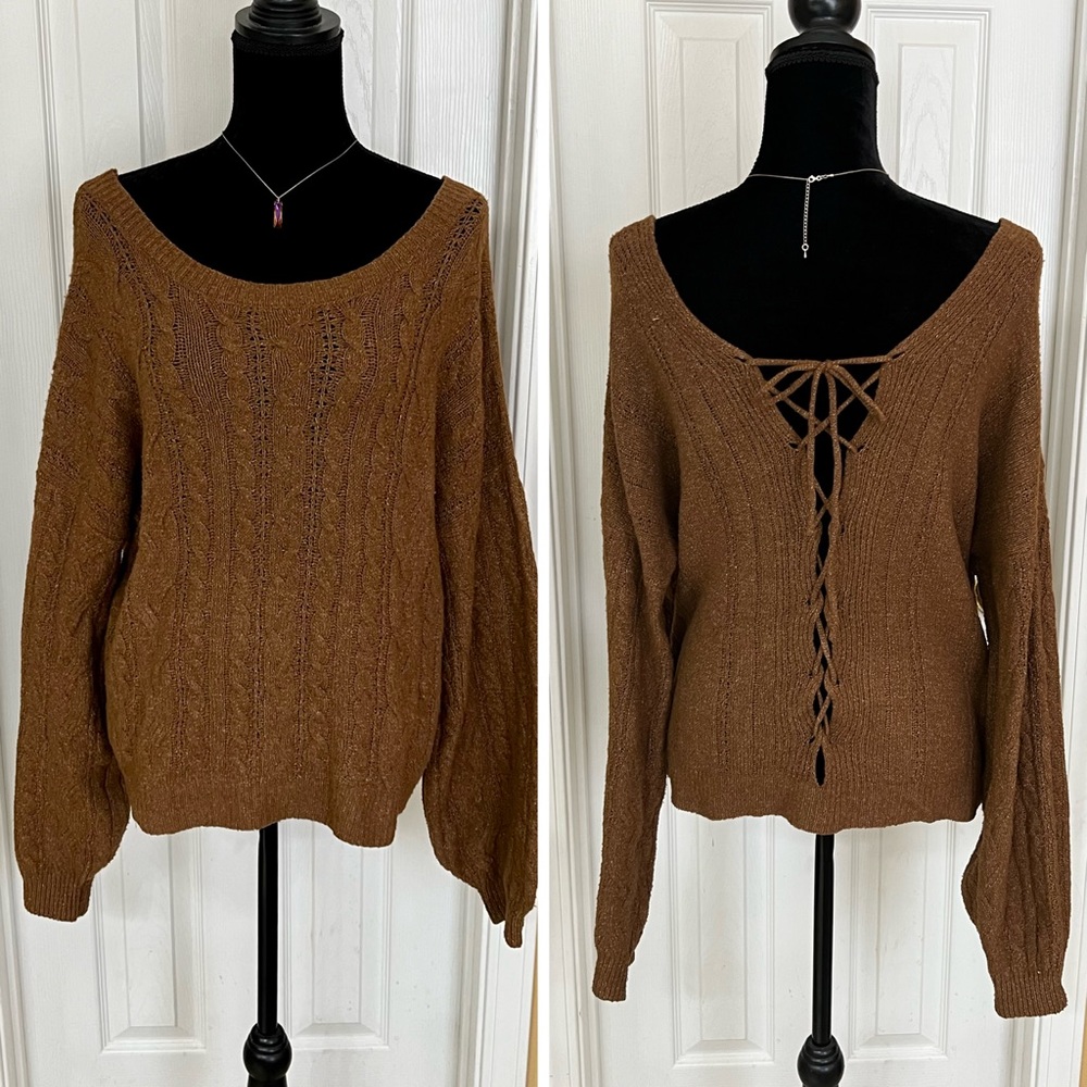 Sexy caramel colored lace up back sweater